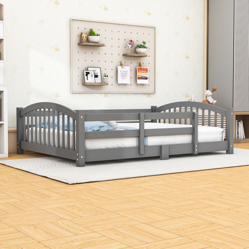 Wood Floor Bed with Safety Guardrails, Gray, Full