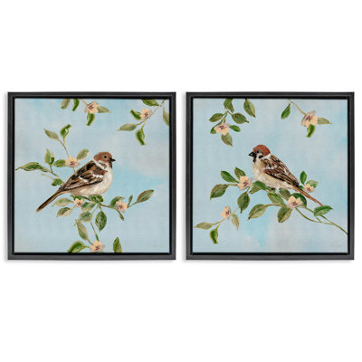 Sparrow Upon Apple Blossoms 2 Piece Gray Framed Floater Canvas Set, design by Sally Swatland