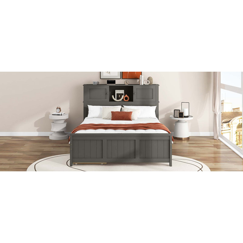 Lit plateforme double avec tête de lit à rangement et porte coulissante, 2 tiroirs