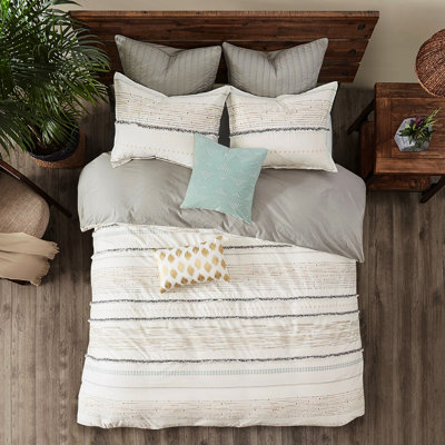 Édredon très grand / très grand en coton gris avec rayures imprimées et pompons 100% coton, blanc / gris, classique
