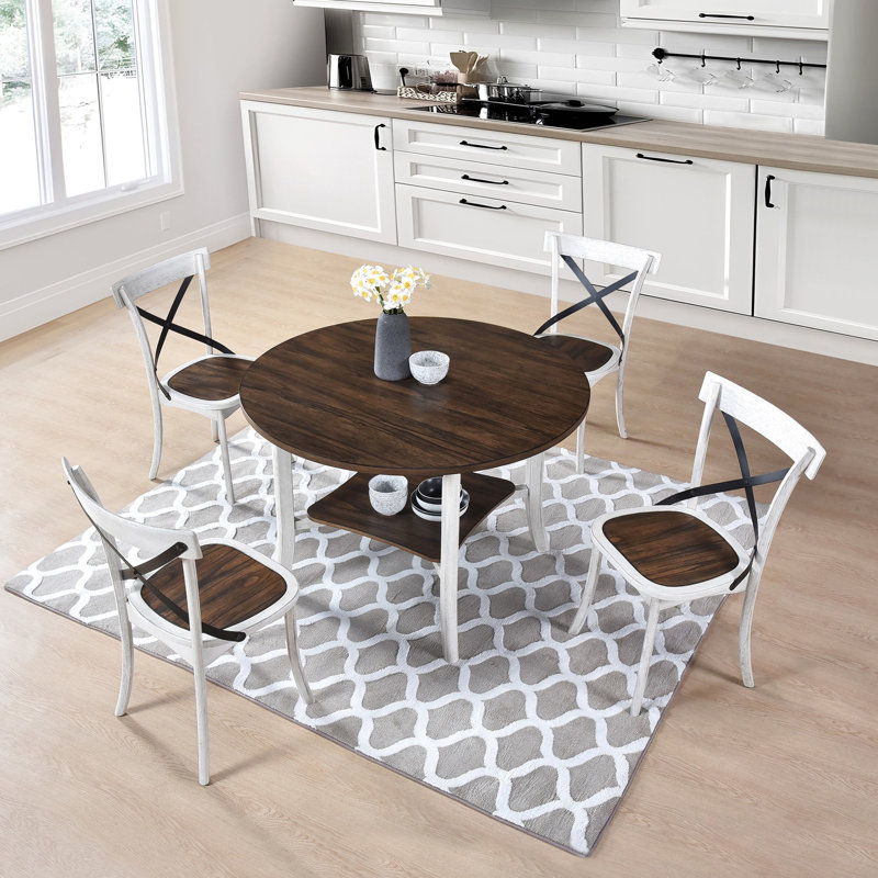 Arrangement de salle à manger rond - chaises élégantes, rangement pratique sur table élégante et 4 accents en bois blanc foncé