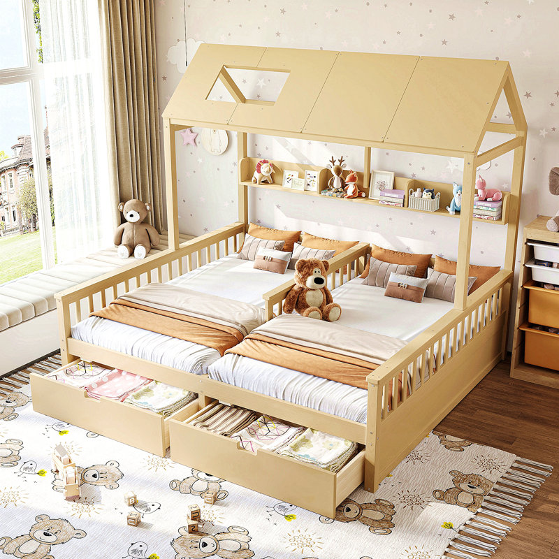 Lit plateforme simple double avec tablettes et tiroirs de rangement, lit plateforme avec lattes de soutien, conception enfantine et maisonnette, naturel