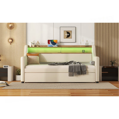 Twin Size Daybed With Trundle, Upholstered Daybed With Charging Station And LED Lights, Beige by Latitude Run