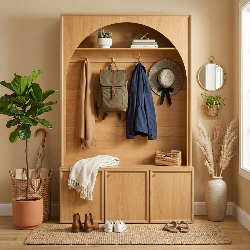 49” Wide Arched Entryway Hall Tree, Natural