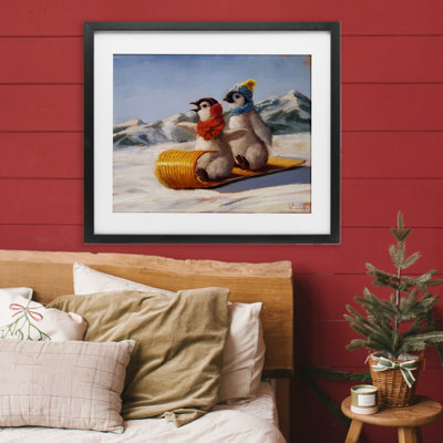 «Toboggan Sleigh Ride Penguins», reproduction encadrée sous verre, conception de Lucia Heffernan