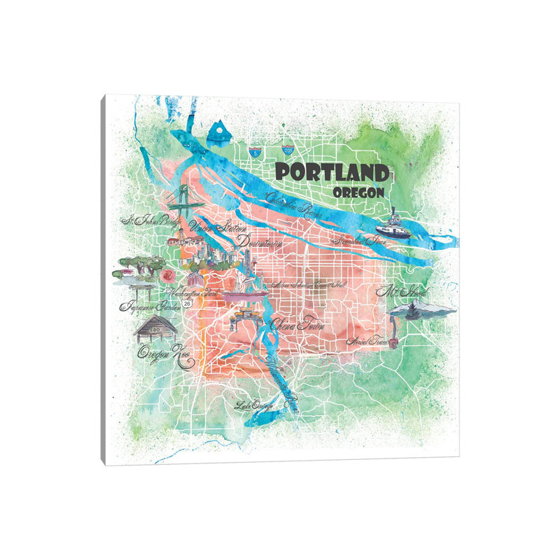 Portland Oregon USA Illustrated Map 1 Piece Painting on Canvas, 93.98cm H x 93.98cm W x 1.91cm D, Wrapped Canvas