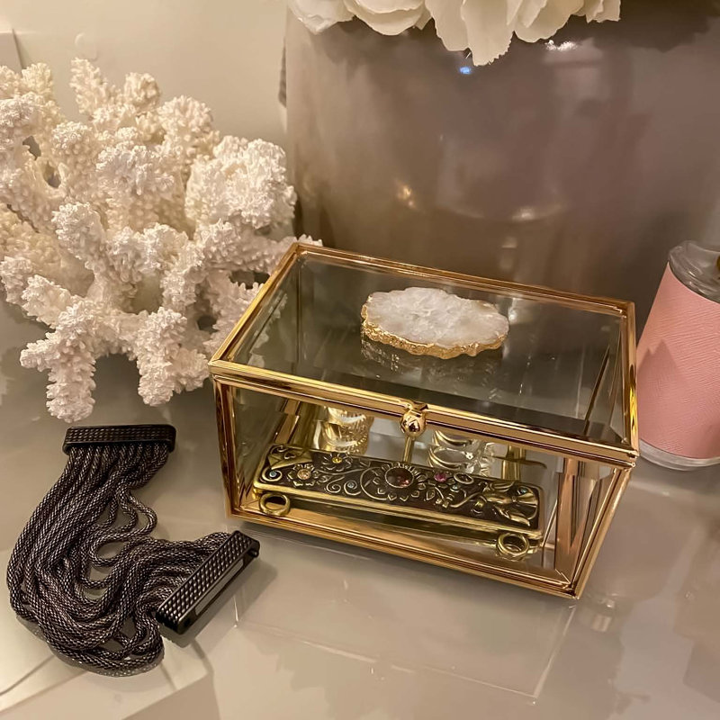 Rectangular Glass Jewellery Box in Gold with Agate Crystal
