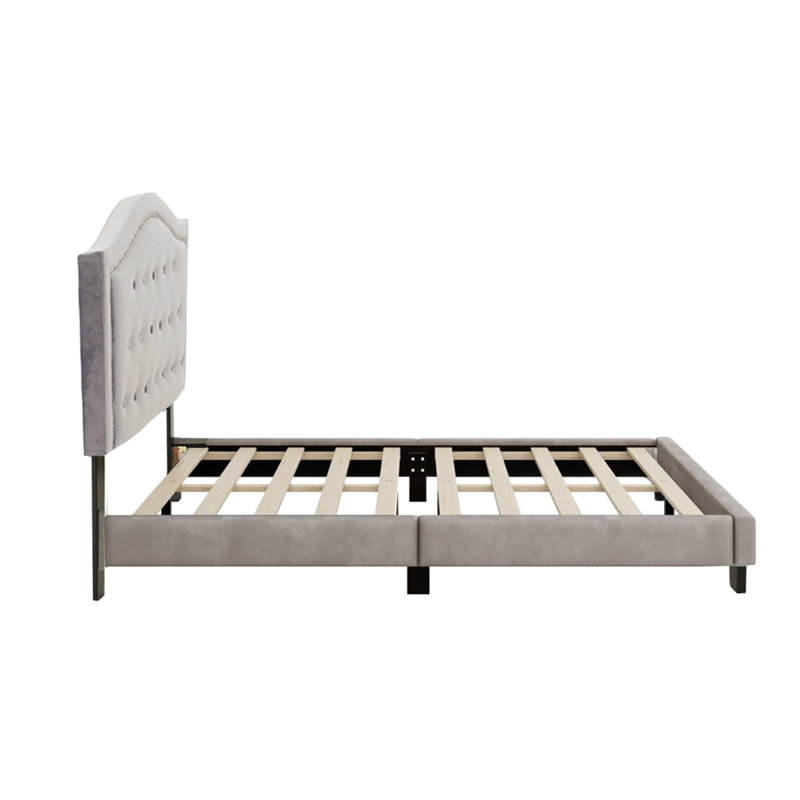 Light Brown Queen Linen Upholstered Bed with Tufted Headboard