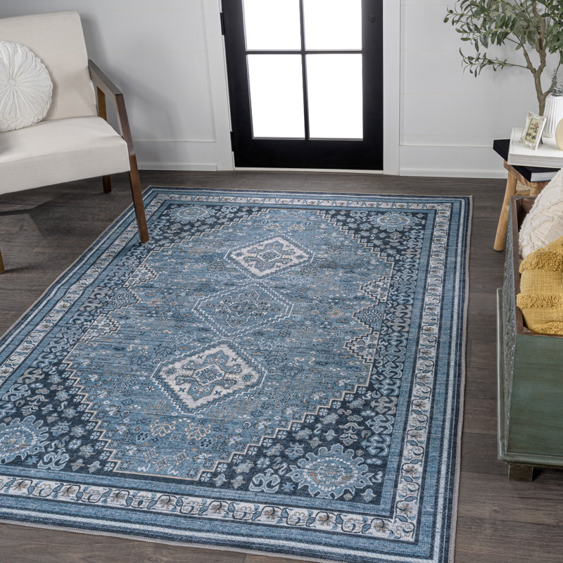 Dalyan Geometric Medallions Machine-Washable Blue/Gray Rug, Rectangle 7'10" x 10'