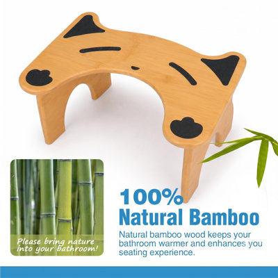 Foldable 7-Inch Bamboo Toilet Stool for Adults, Cat Design.Non-slip potty footrest with ergonomic squatting support; folds flat and fits standard, elongated and one-piece toilets