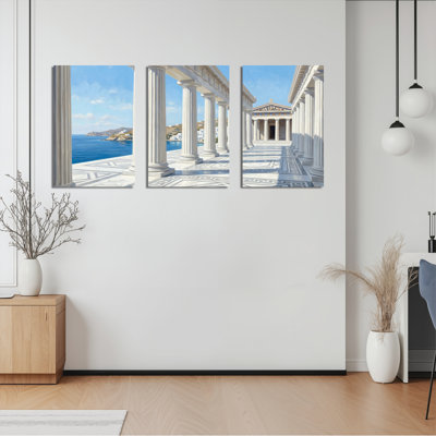 Greek Columns And Sea View Canvas Wrapped Wall Art Oil Painting Print Set Of 3