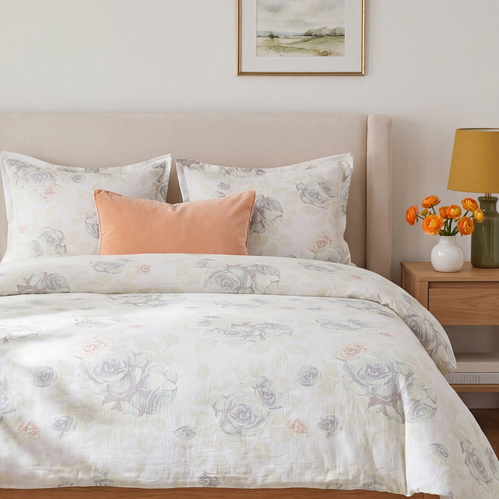 Rosaline Washed Linen Blend Rose Garden Floral Classic Chic Casual Comforter Set, King Duvet Cover + 2 Shams