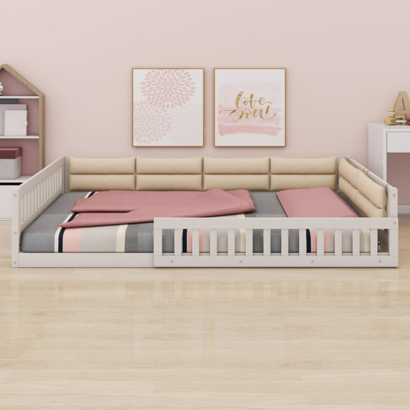 Lit plateforme tapissier avec garde-corps et coussin, Beige