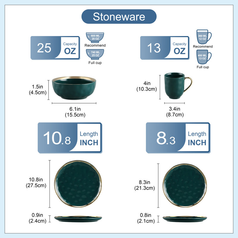 Colour 16 Piece Handmade Ceramic Dinnerware Set - Service for 4, Teal/Gold