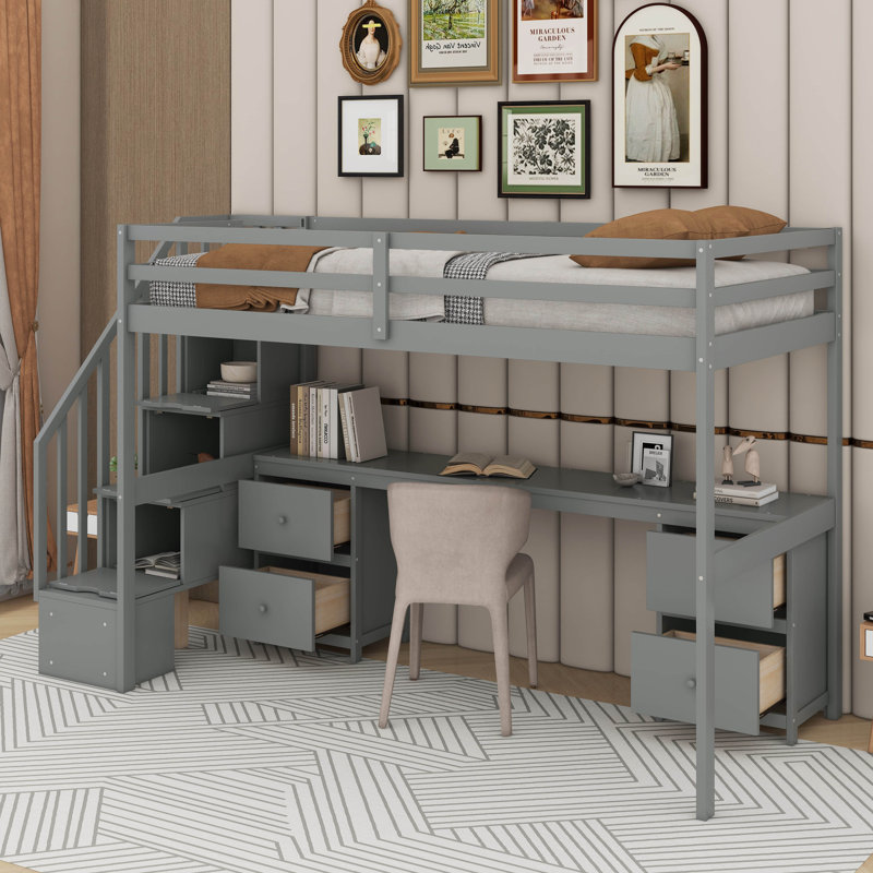 Lit mezzanine simple avec bureau et tiroir, Gris