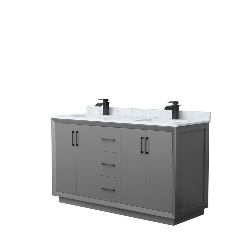 Ensemble de meuble-lavabo double 60 po Strada_ Marbre de Carrare blanc, Gris foncé, Noir, noir, noir, noir