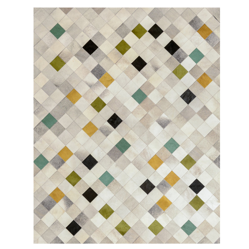 Tapis intérieur / extérieur gris / blanc en cuir de vache à motif géométrique