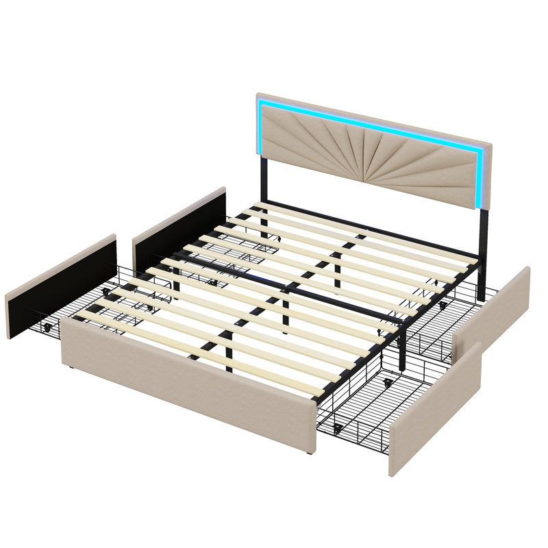Double Bed Frame With 4 Drawers, Upholstered Platform Bed With Adjustable Headboard And LED, 200cm Upholstered Double Bed Frame With Sturdy Wooden Slat Support, Beige(Linen, No Mattress)