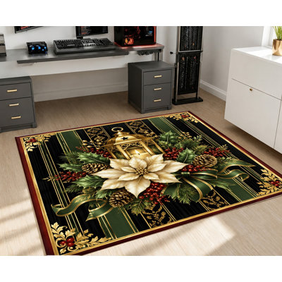 Christmas Lantern Poinsettia Area Rug, Festive Holiday Floral Design, Non-Slip Floor Carpet, Machine Washable Home Decor for Living Room, Bedroom, Entryway, Kitchen, Balcony