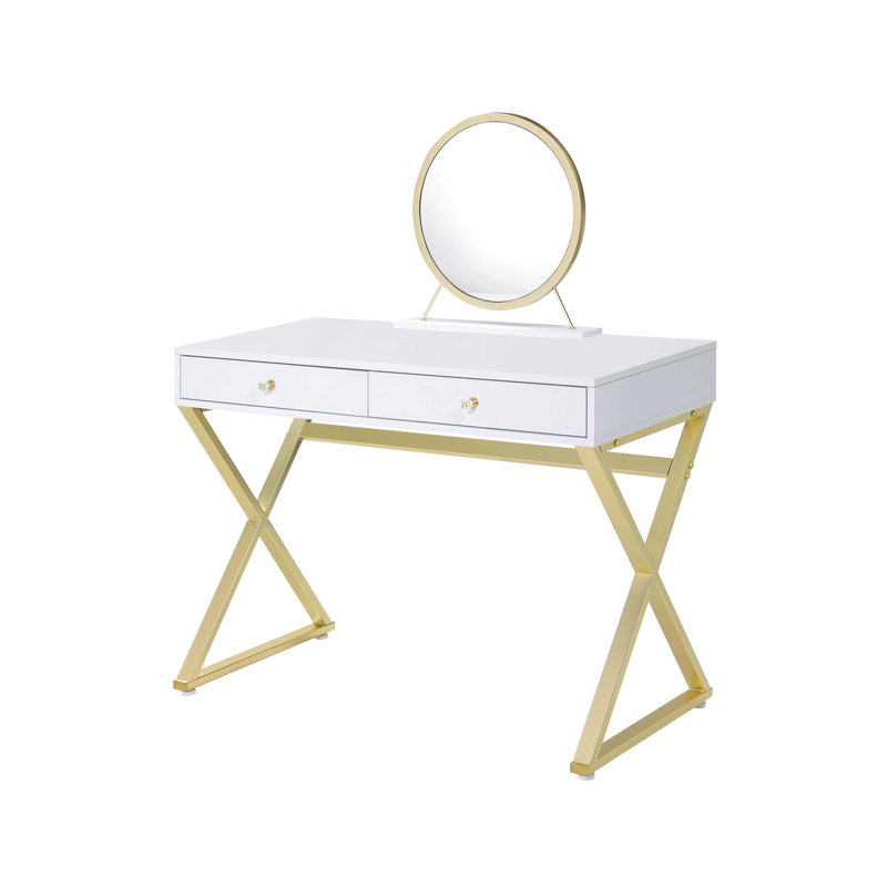 Bureau de meuble-lavabo en blanc et or, conception rectangulaire, poignée en cristal, structure en métal, miroir amovible, plateau à bijoux, extension de tiroir à 2 ou 3 tiroirs dorée avec miroir, miroir 2 tiroirs de rangement inclus
