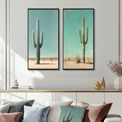 Cactus minimaliste et ciel du désert I - Collection d'art floral sur toile 2 panneaux