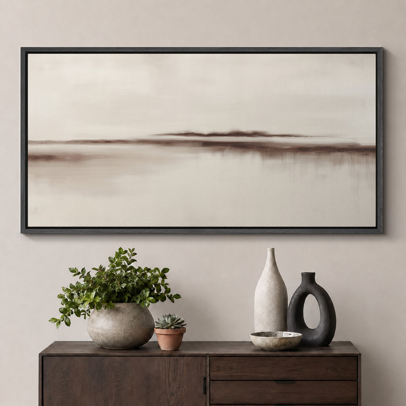 «Minimalist Neutral Horizon Abstract Landscape Calm», très grande impression sur toile encadrée, H 30 po x l 60 po, Noir