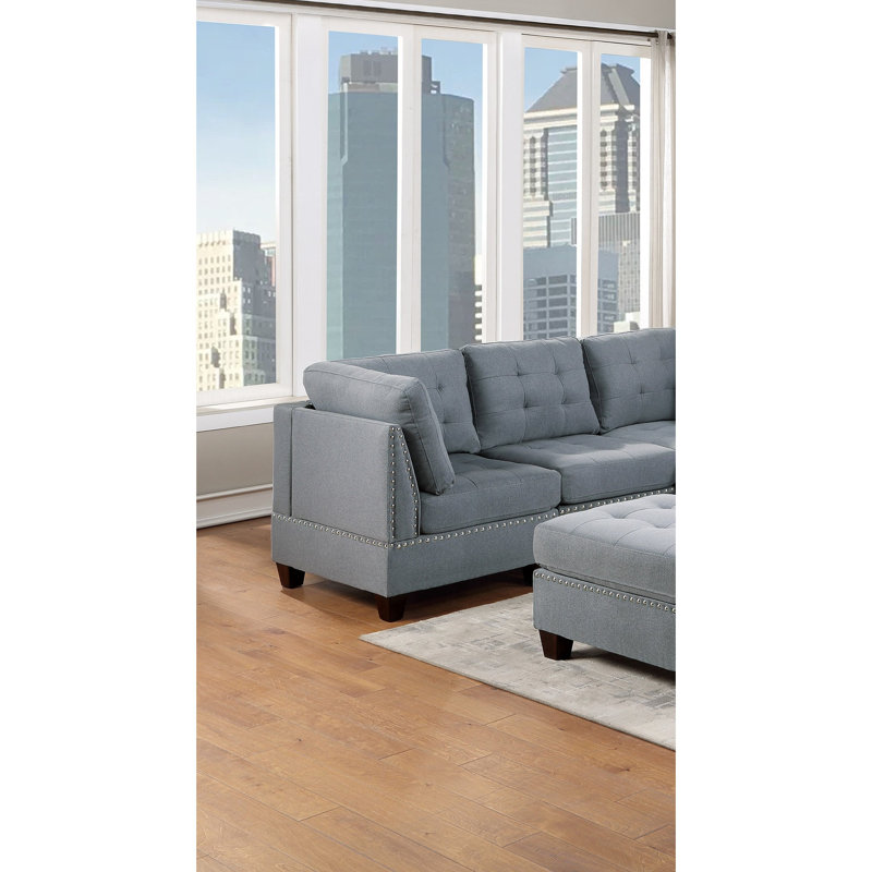 Mobilier modulaire 6 pièces: Tissu en lin gris et console avec têtes de clou