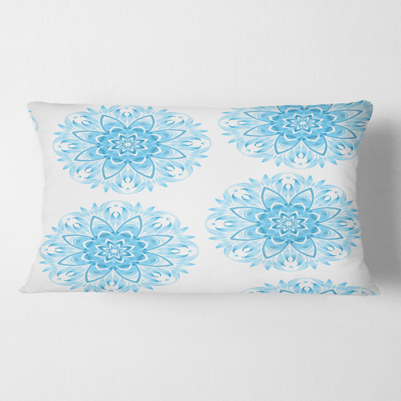 Coussin décoratif circulaire imprimé géométrique en bleu Mid-Century