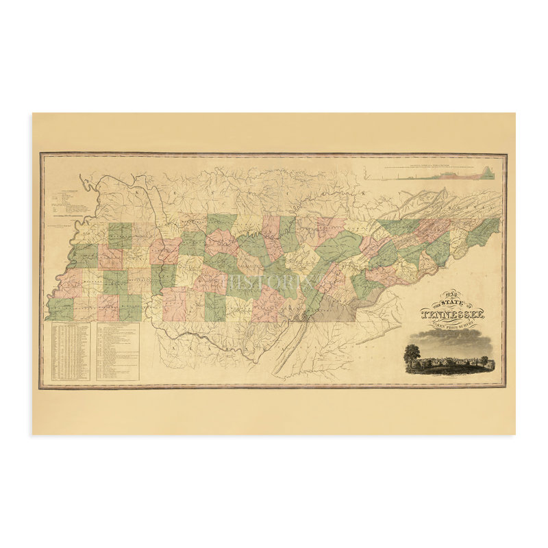 «Tennessee Map 1832», art mural sur papier, H 16 po x l 24 po x P 0,1 po