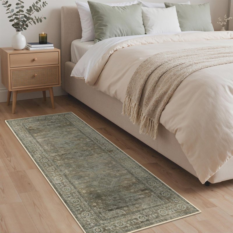 Oriental Machine Washable Sage/Gray Area Rug with Non-Slip Backing, Runner 2' x 5', Sage
