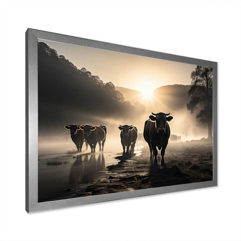Kerbie Bétail Misty Morning Grazing III - Imprimé, H 16 po x l 32 po x P 1 po, Cadre photo argenté