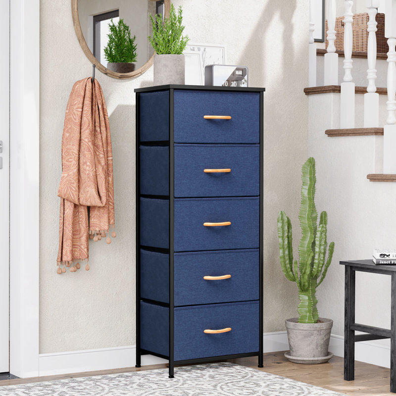 Commode 5 tiroirs 18 "en acier et tissu gris et noir, Bleu et noir