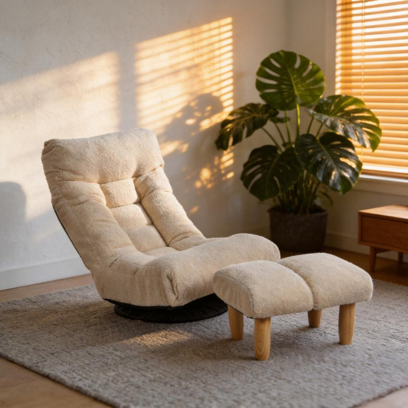 Fauteuil relax une place inclinable et réglable, base pivotante à 360° avec repose-pieds assorti, idéal pour balcon et tatami.