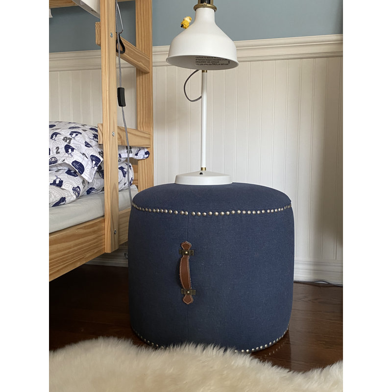 Johnny Fabric Upholstered Round Pouf Ottoman with Faux Leather Handle, Navy Polyester