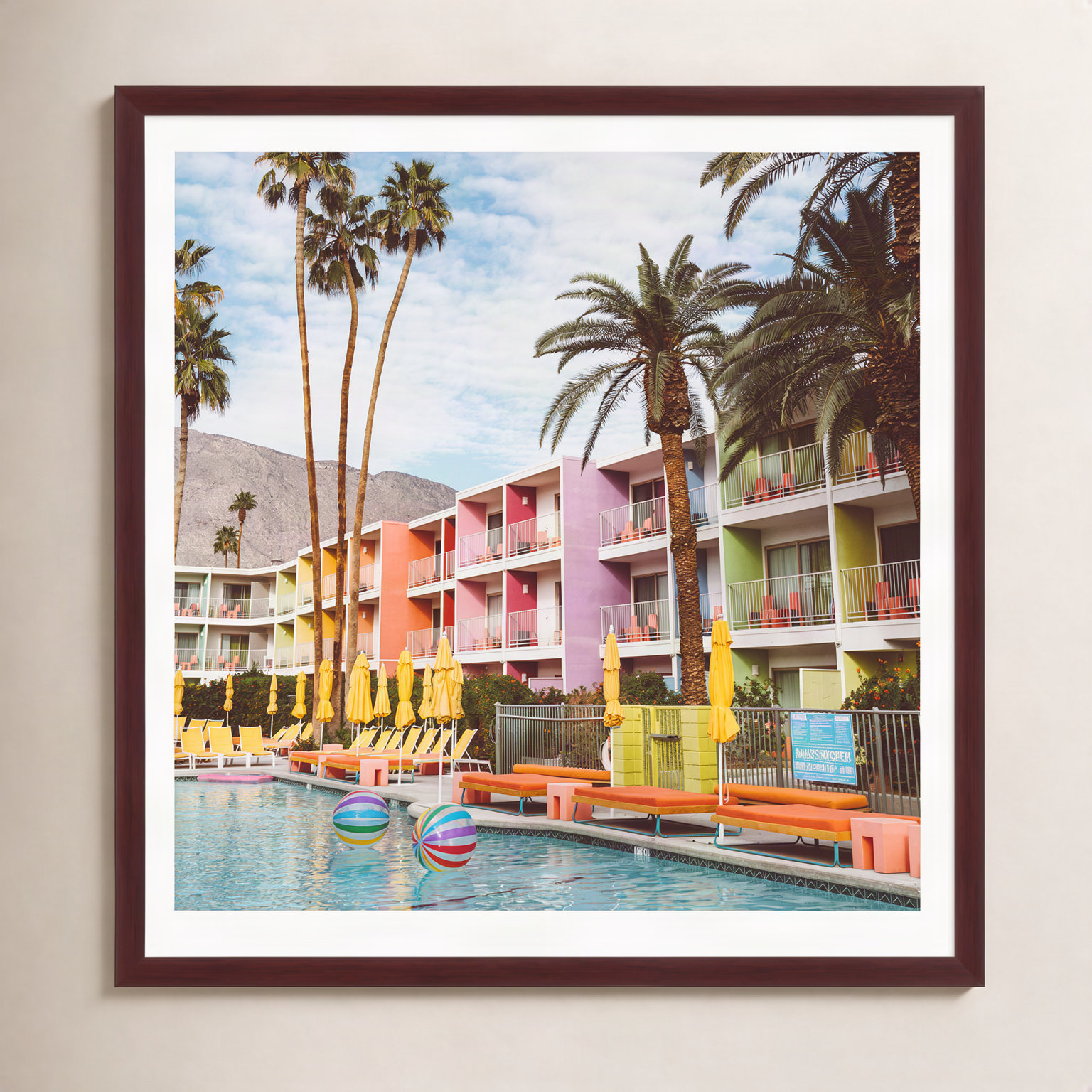 Tulle "Palm Springs Pool Day VII" Print, 12" H x 12" W x 2" D, Mahogany Floater Framed, No