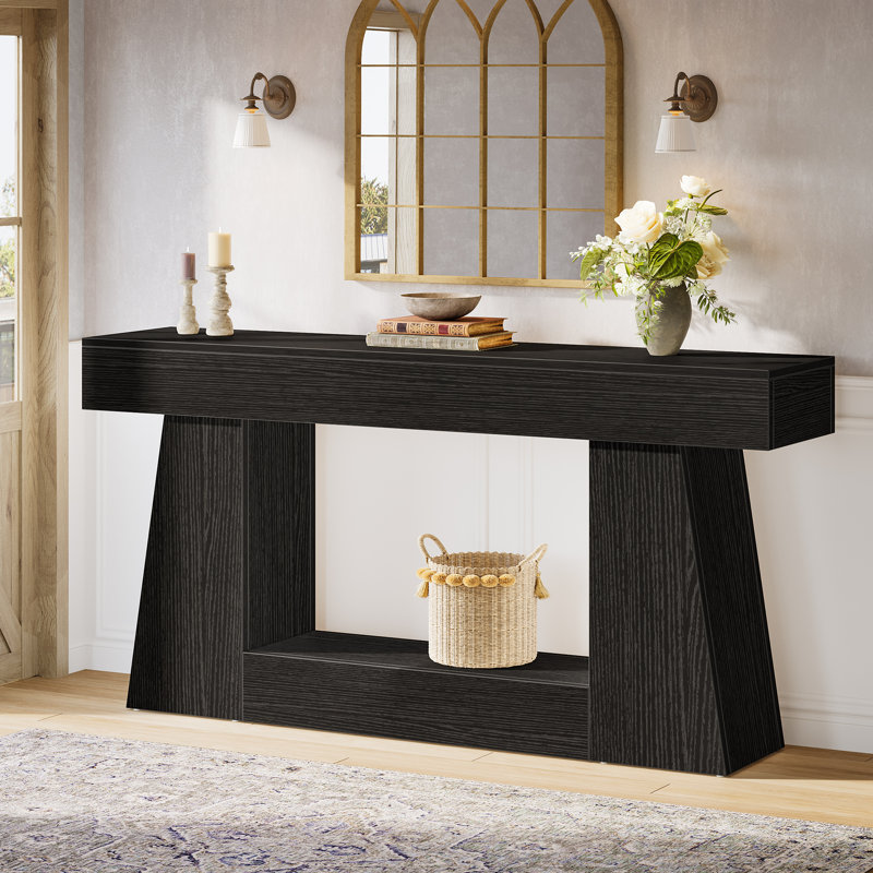 Console étroite en bois manufacturé avec tablettes, Noir