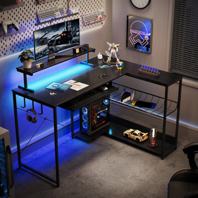 46.5" L Shaped Gaming Desk with LED Lights & Power Outlets, 22.4" Keyboard Tray, Storage Shelves and Monitor Stand for Home Office