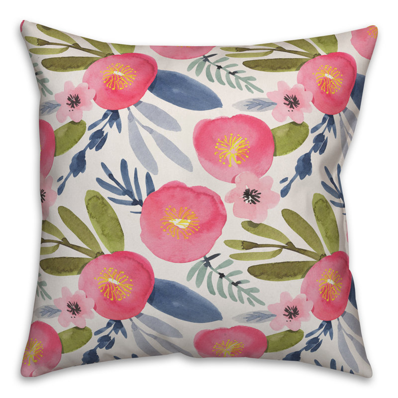 Floral Outdoor Reversible Pillow Cover, 20" x 20", Green/Blue/Pink, Polyester/Polyfill