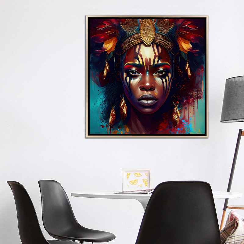 Powerful African Warrior Woman III, Champagne Floater Framed Canvas, 37" H x 37" W x 1.5" D