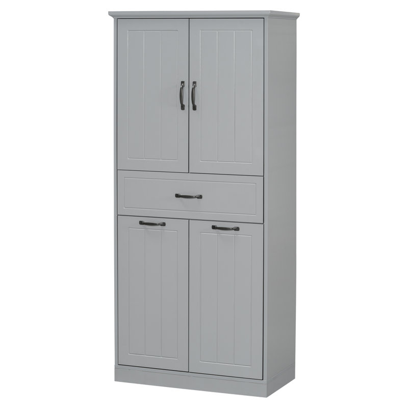  Armoire de rangement de salle de bain avec double panier à linge, portes et rangement pour tiroir, gris, Gris