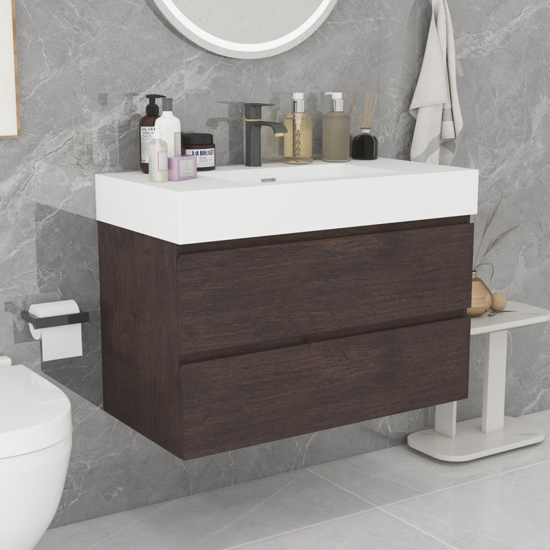Meuble-lavabo moderne avec lavabo, Noyer, Blanc