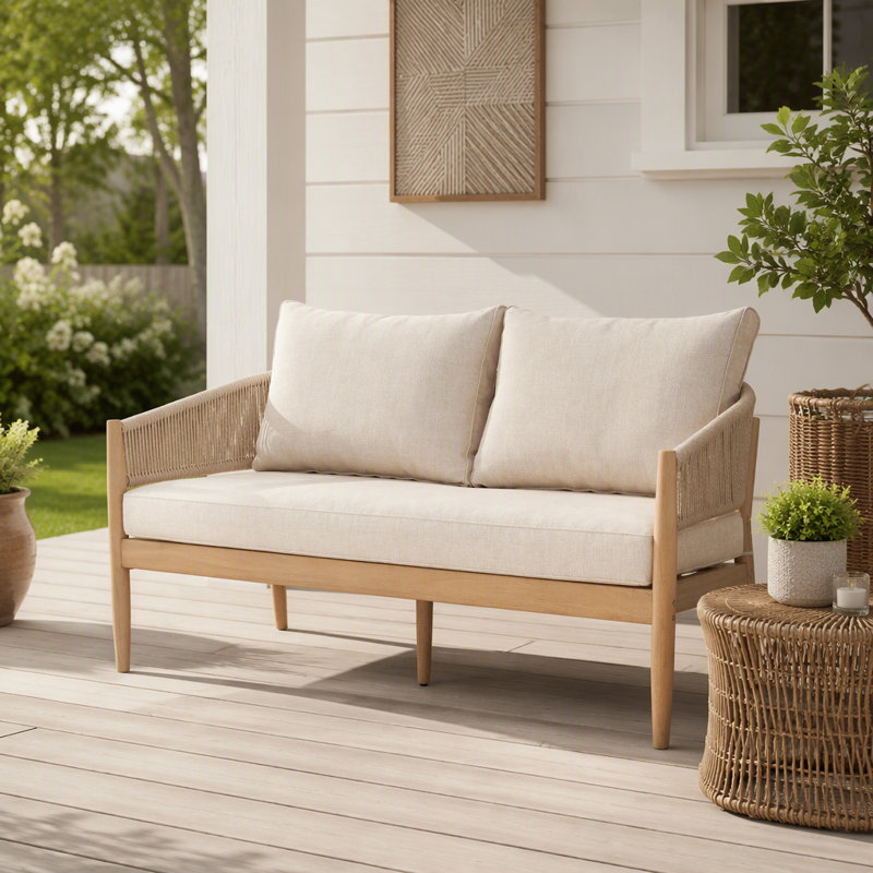 Causeuse d'extérieur en bois d'acacia de patio, bois au fini naturel, coussin beige