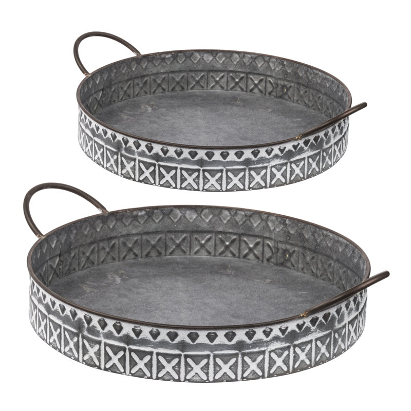 Gray and White Iron Round Trays with Handles - Set of 2