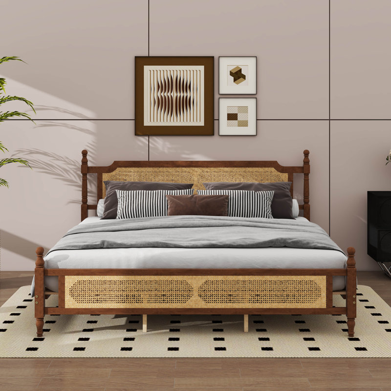 King Size Wooden Bed Frame Embellished With Rattan Head, Walnut