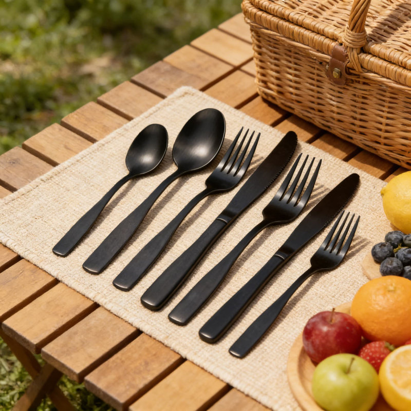 Ensemble de couverts moderne en acier inoxydable noir mat avec poignées carrées - Ensemble de couverts 30 pièces pour 6 couverts, ustensiles de cuisine durables et élégants