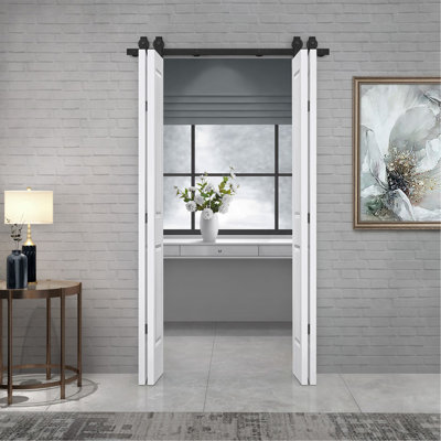 48 po X 80 po Porte de grange double 2 panneaux en MDF apprêté 2 panneaux avec trousse de quincaillerie coulissante