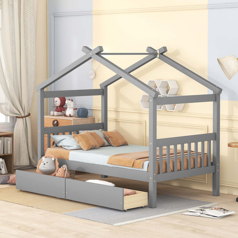 Pittston 2-Drawer Standard Bed Wooden House Bed, Twin, Gray