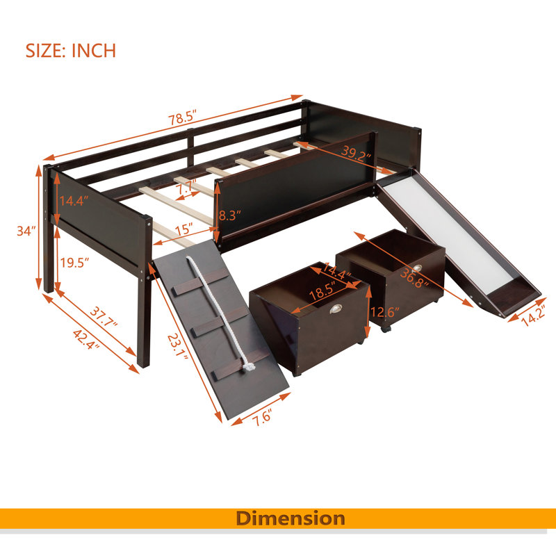 Lit mezzanine simple en bois avec deux boîtes de rangement, Espresso