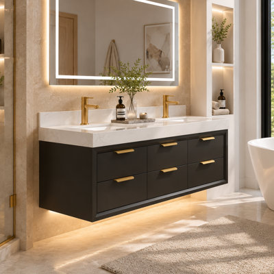 Ensemble de meuble-lavabo mural moderne 60 po avec dessus en pierre artificielle Lumino, 60 po Lumino, 6 tiroirs à fermeture en douceur Lumino