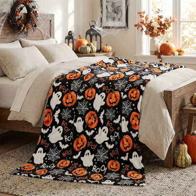 Halloween Flannel Blanket Throw,Black Pumpkin Goblin Bat Boo Spider Web Hallowmas Soft Fuzzy Plush Cozy Fleece Blankets for Couch Sofa Bed Decor, Ideal Gifts for Adults 50x40